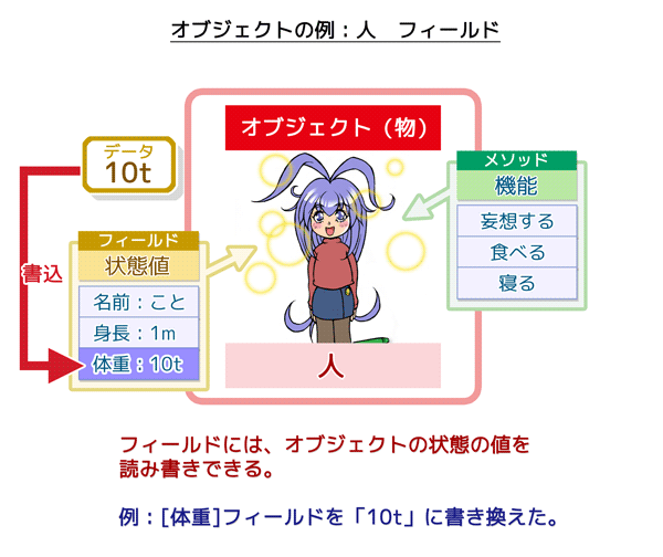 オブジェクトの例（人）：フィールドにはオブジェクトの状態値を読み書きできる
