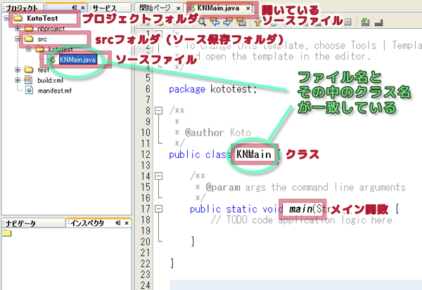 NetBeans IDEの構成（ソースファイル名）