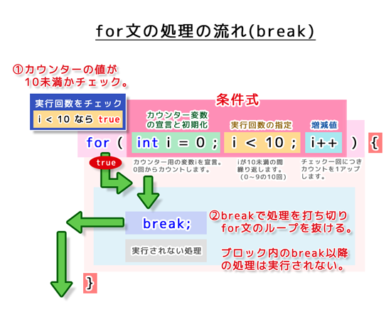 for文の処理の流れ（break）